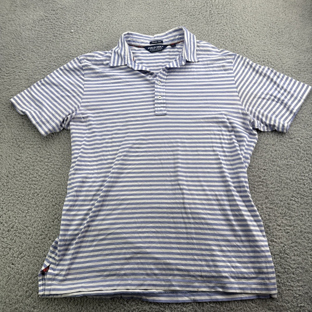 Polo Golf Ralph Lauren Shirt Mens Large Blue Stripe Vintage Lisle S/S Cotton
